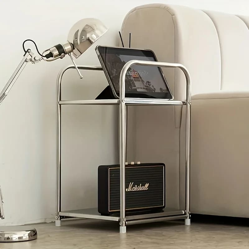 Table d'appoint moderne en acier inoxydable, table de chevet argentée, étagère de rangement pour can