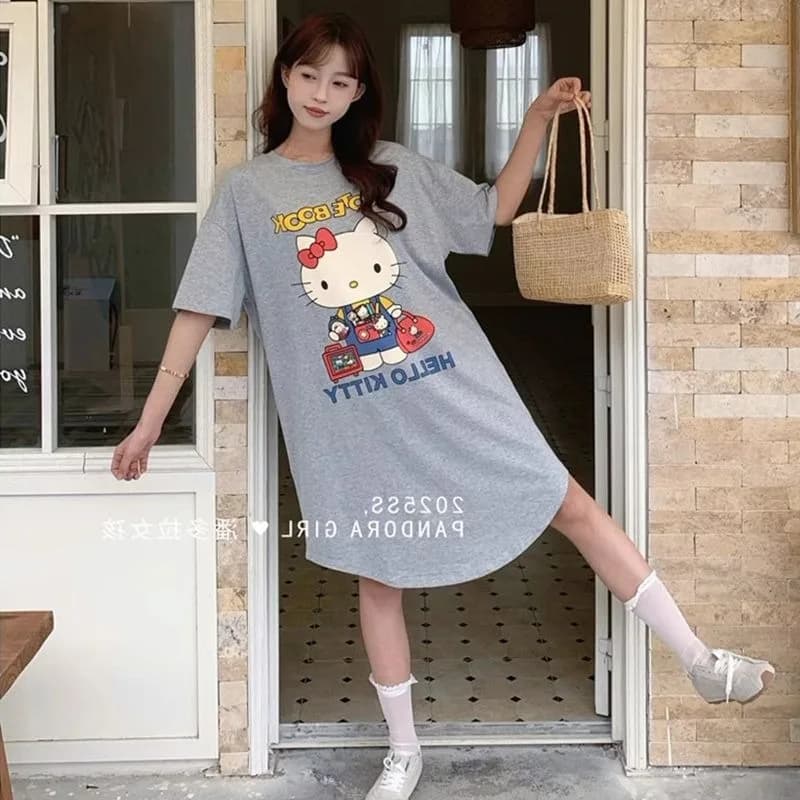 Robe de nuit d'été grande taille pour femmes, chemise de nuit longue à motif Hello Kitty, douce, fin