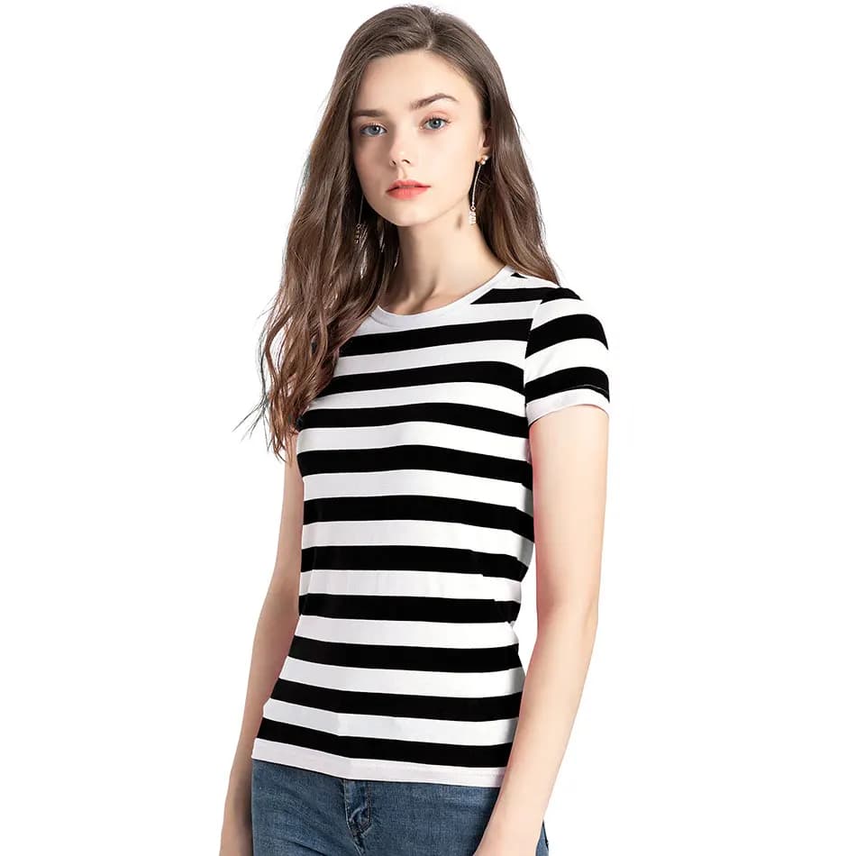T-shirt rayé arc-en-ciel à manches courtes pour femmes, estival et Cool, noir et blanc