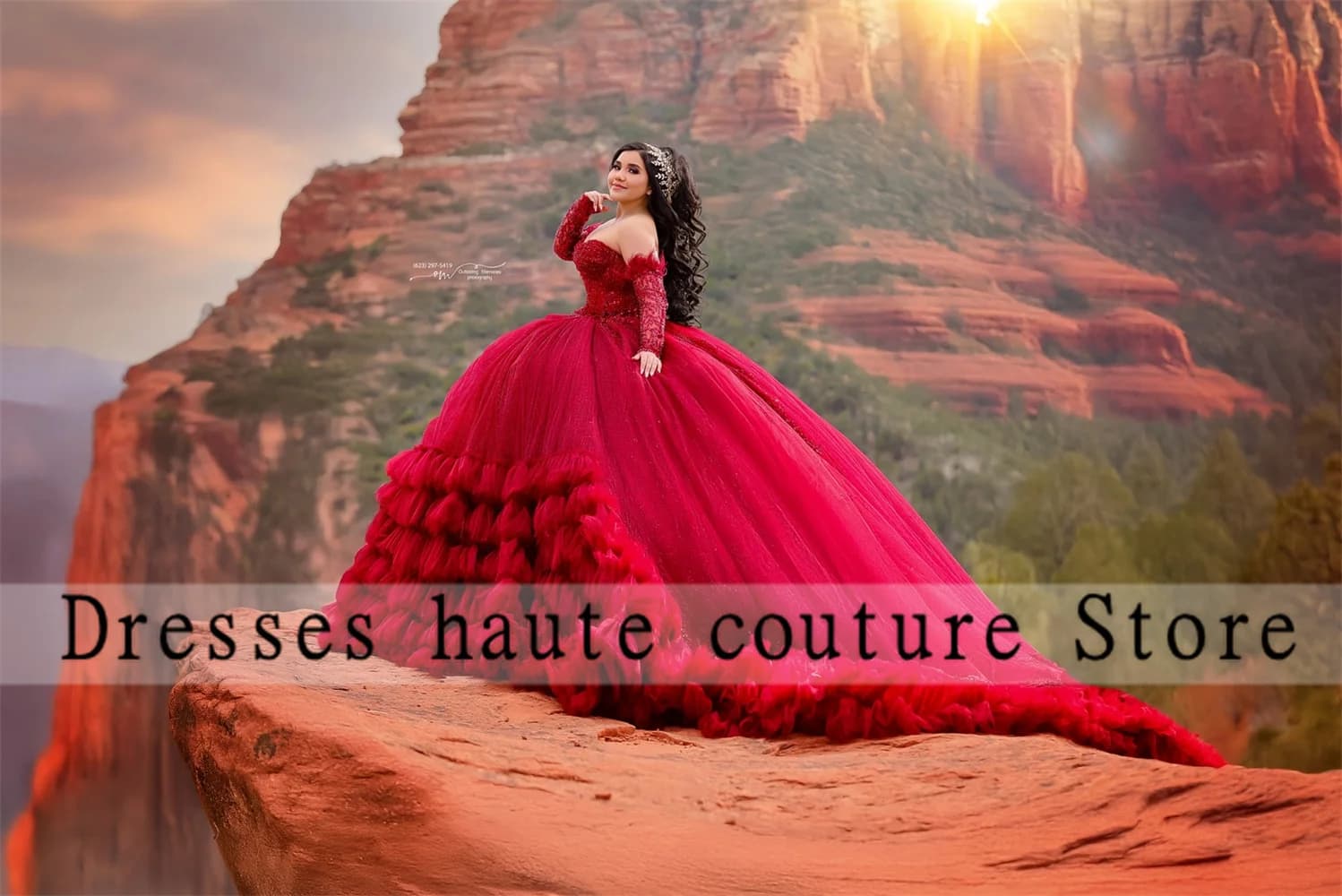 Robe de princesse Quinceanera personnalisée, robe de Rhrouge vin, manches longues, appliques de perl