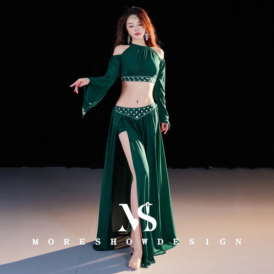 Costumes de danse du ventre pour femmes, haut + jupe, manches longues, vêtements de danse, ensemble 