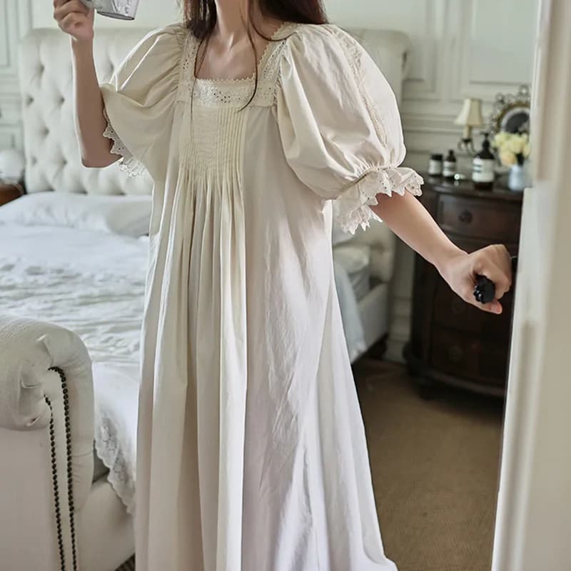 100% coton princesse Vintage longues chemises de nuit broderie française col carré manches courtes c