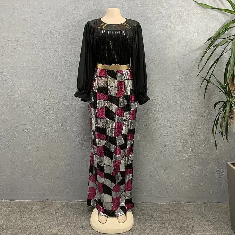 Robe de soirée formelle à manches lanternes et sequins, style africain, pour femmes, élégante, tuniq