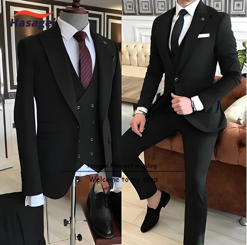 Blazer croisé gris imbibé pour homme, veste et pantalon formels pour marié, haute qualité, 3 pièces