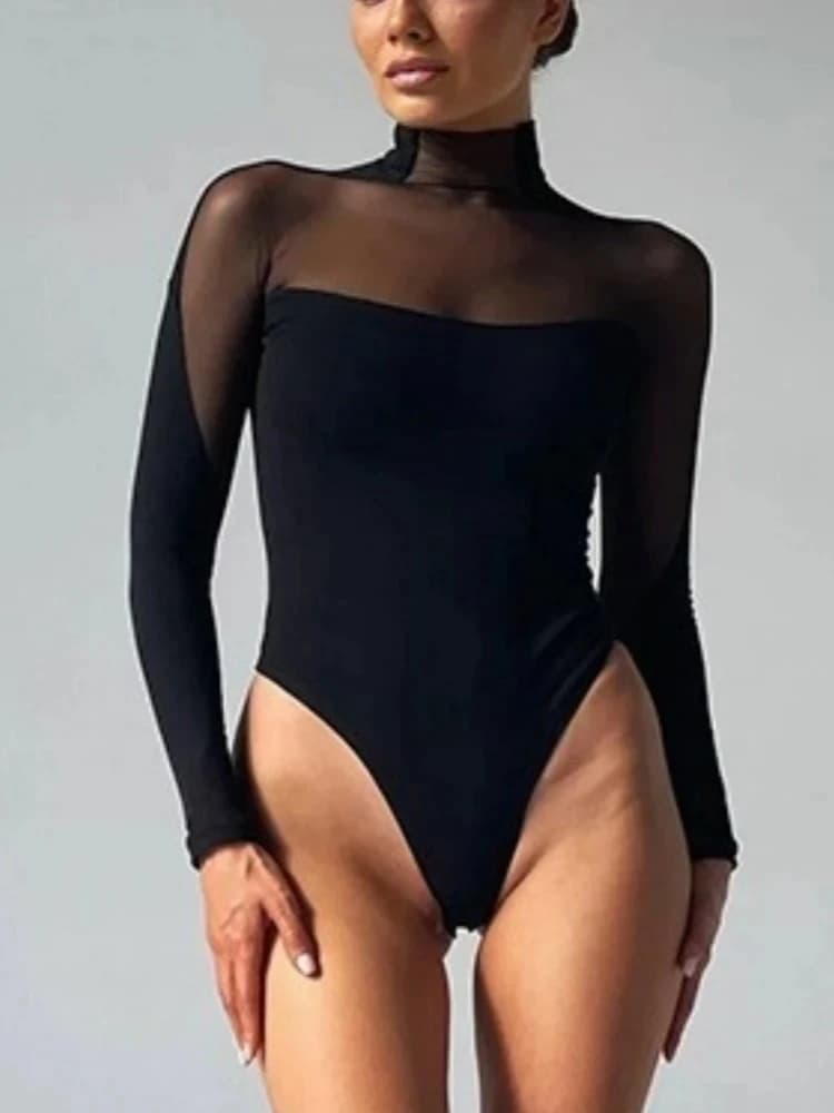 Body épissage en maille transparente, Lingerie à manches longues, hauts Sexy pour femmes, tenue Rave