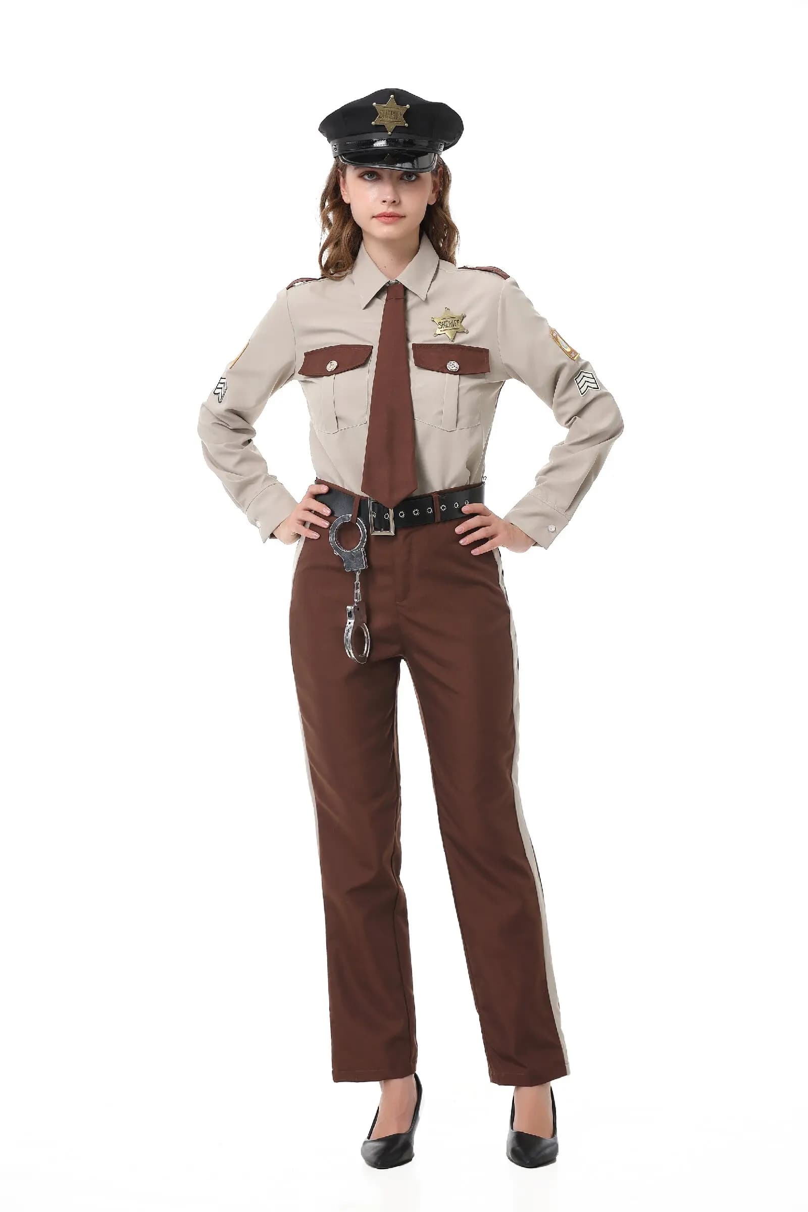 Costume complet de policier marron pour hommes et femmes, idéal pour Halloween, carnaval, bar, club,