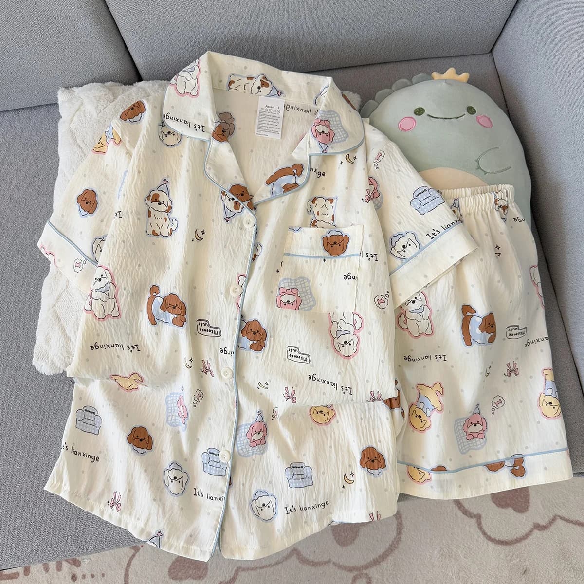 Pyjama d'été pour femme, style fin avec motif chiot, short à manches courtes, doux et mignon, peut ê