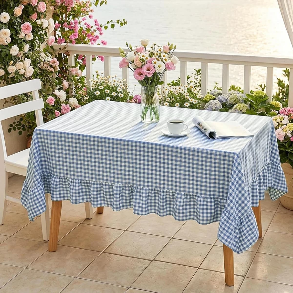 Nappe à carreaux bleue et blanche à volants, style rétro minimaliste, pour la cuisine, les mariages 