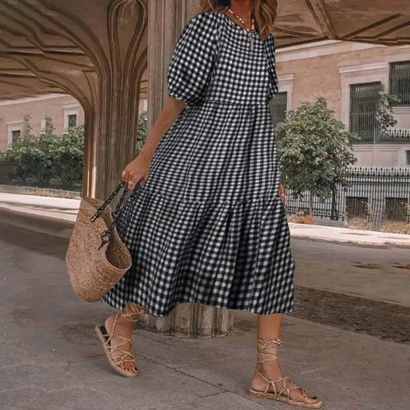 Robe d'été Vintage à carreaux pour femmes, mode, manches lanternes, mi-longue, style bohème, robe de