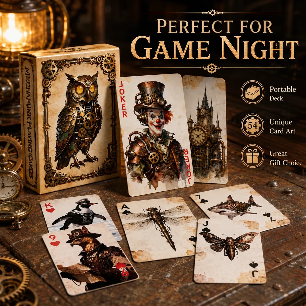 Cartes à Jouer Steampunk Hibou, Jeu de Cartes de Poker Hibou Mécanique Vintage, 54 Cartes Uniques, C