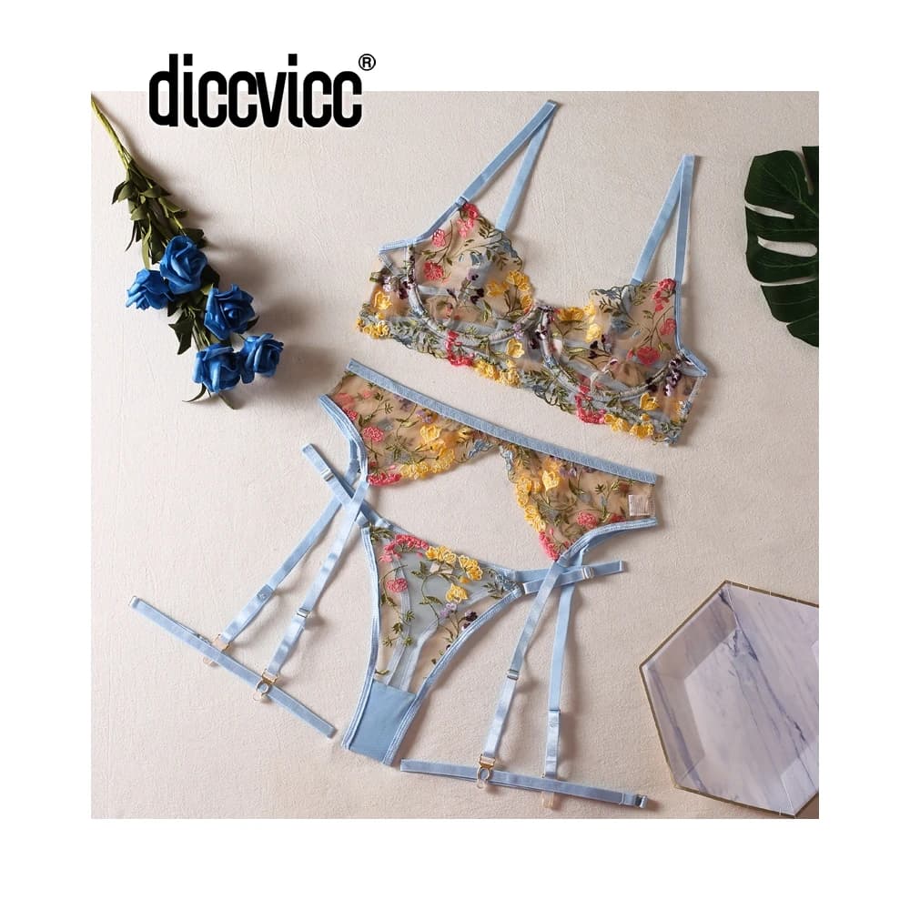 Diccvicc Lingerie de luxe Sexy broderie florale voir à travers la dentelle femmes sous-vêtements sou