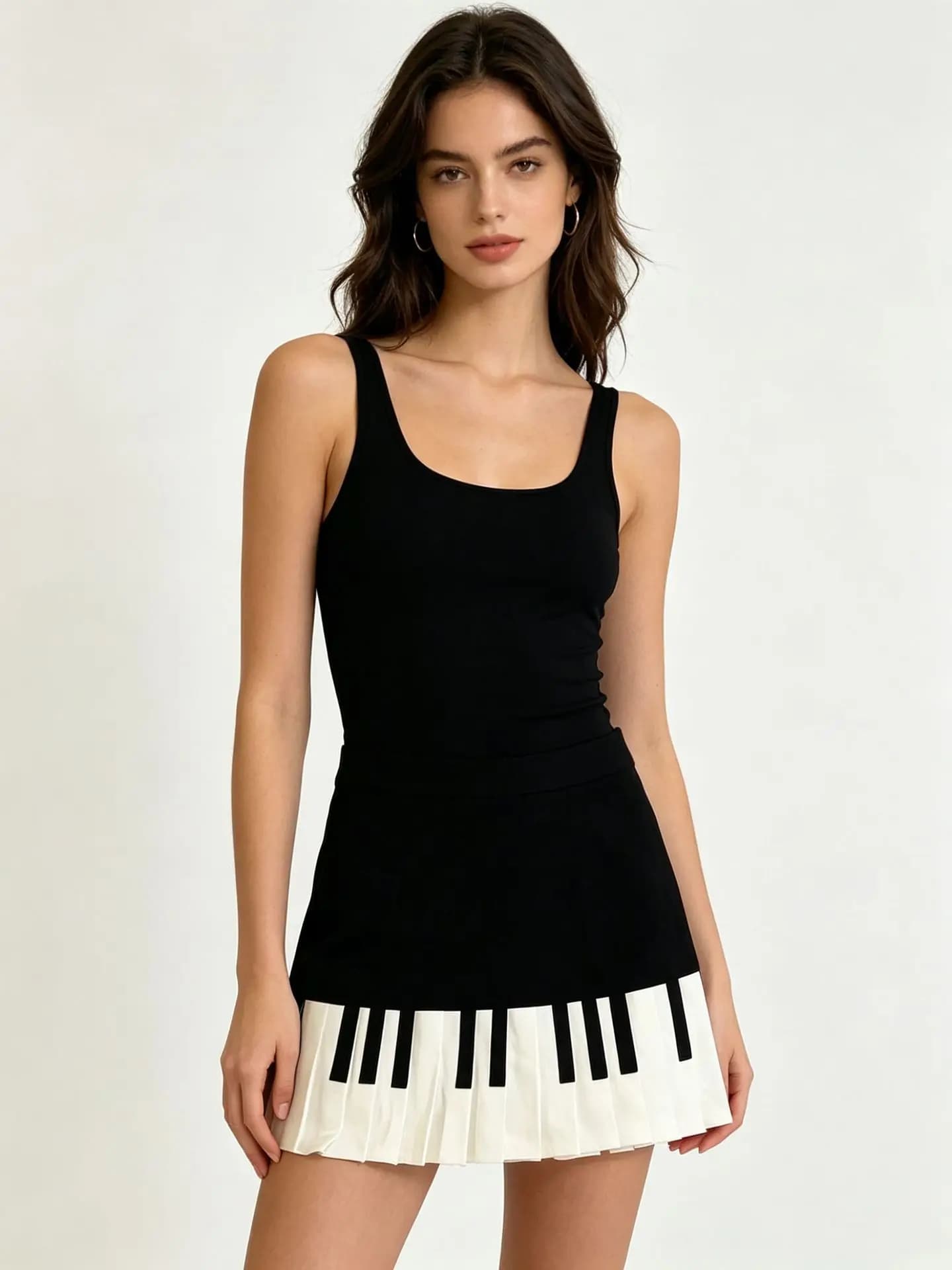 Jupe mi-longue ajustée à motif piano noir et blanc pour femme, collection printemps-été, taille haut