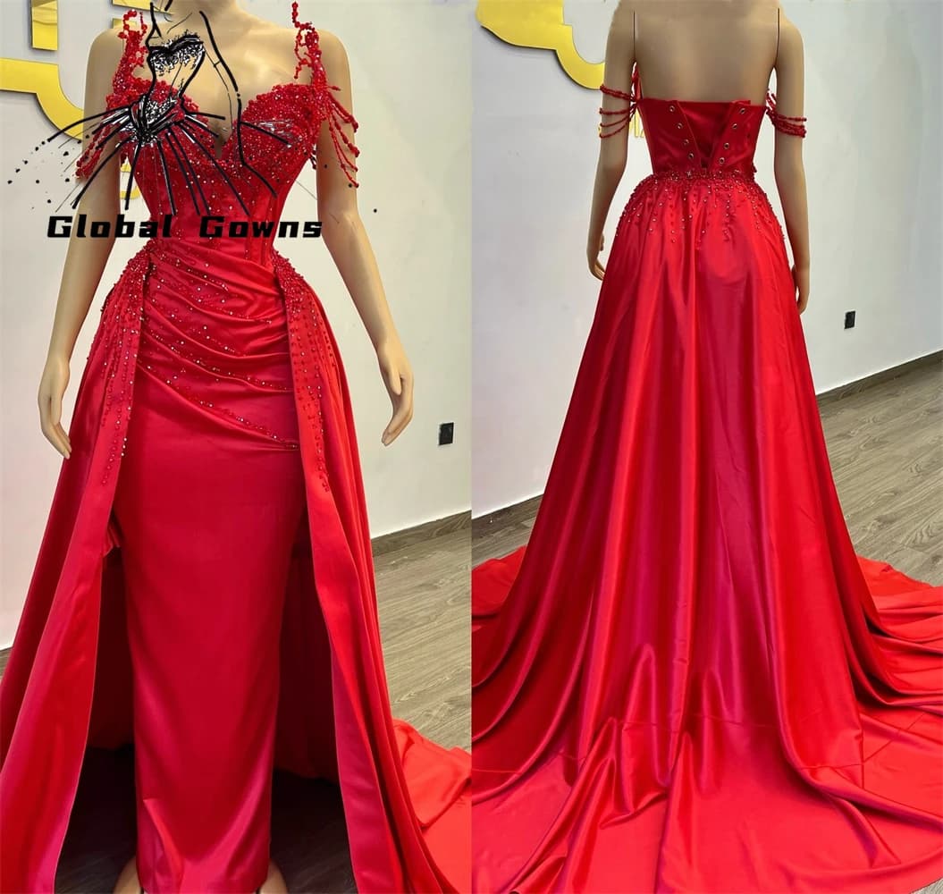 Robe de soirée rouge chérie noire pour filles, perles, robes d'occasion de mariage, appliques, plis,
