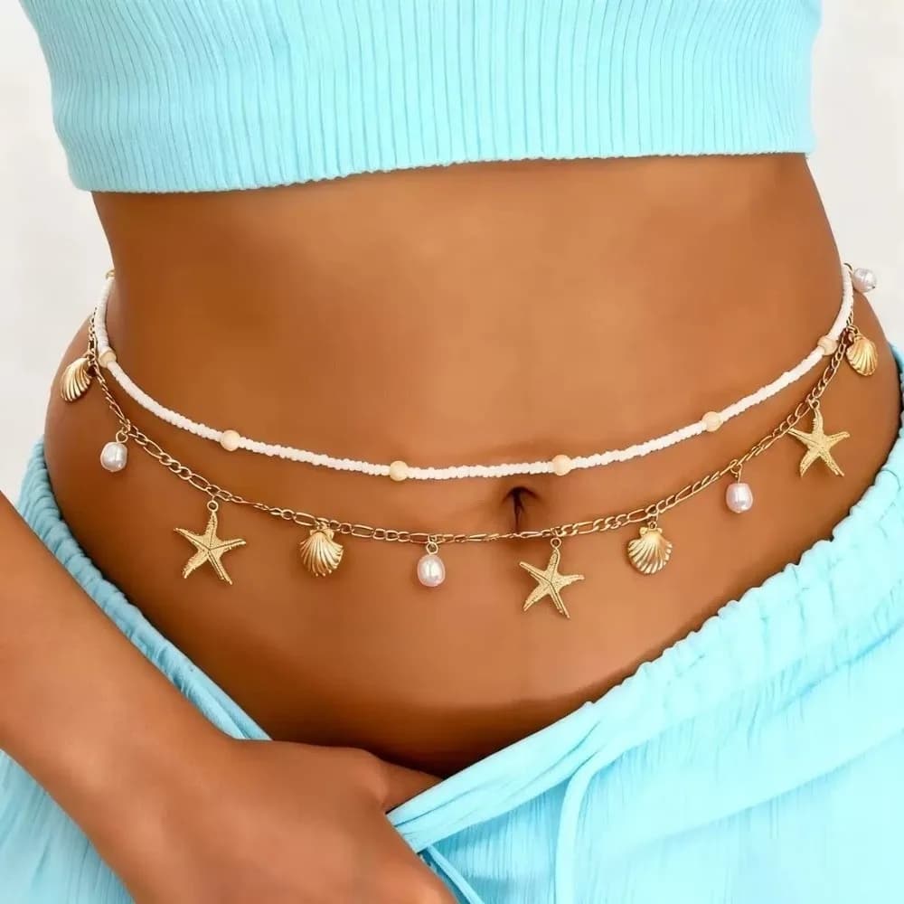 Lot de 2 chaînes de corps en alliage doré avec perles d'imitation et étoiles de mer, bijoux bohèmes 