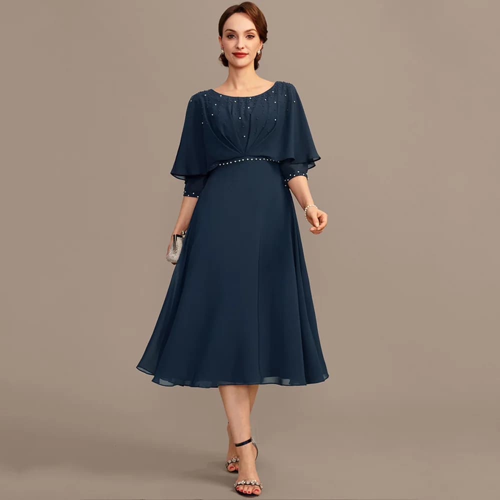 Robes de mère de la mariée bleu marine à manches mi-longues, robes de soirée de mariage pour femmes,