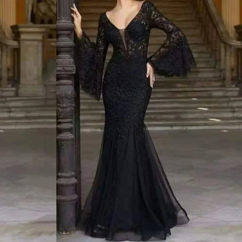 Robe longue élégante en dentelle pour femme, col en V, manches évasées, idéale pour mariage, soirée,