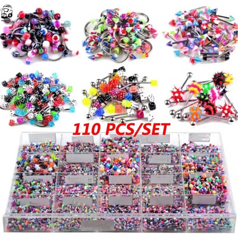 110 pièces Styles mixtes sourcil nombril ventre lèvre langue nez Piercing barre anneau Labret haltèr
