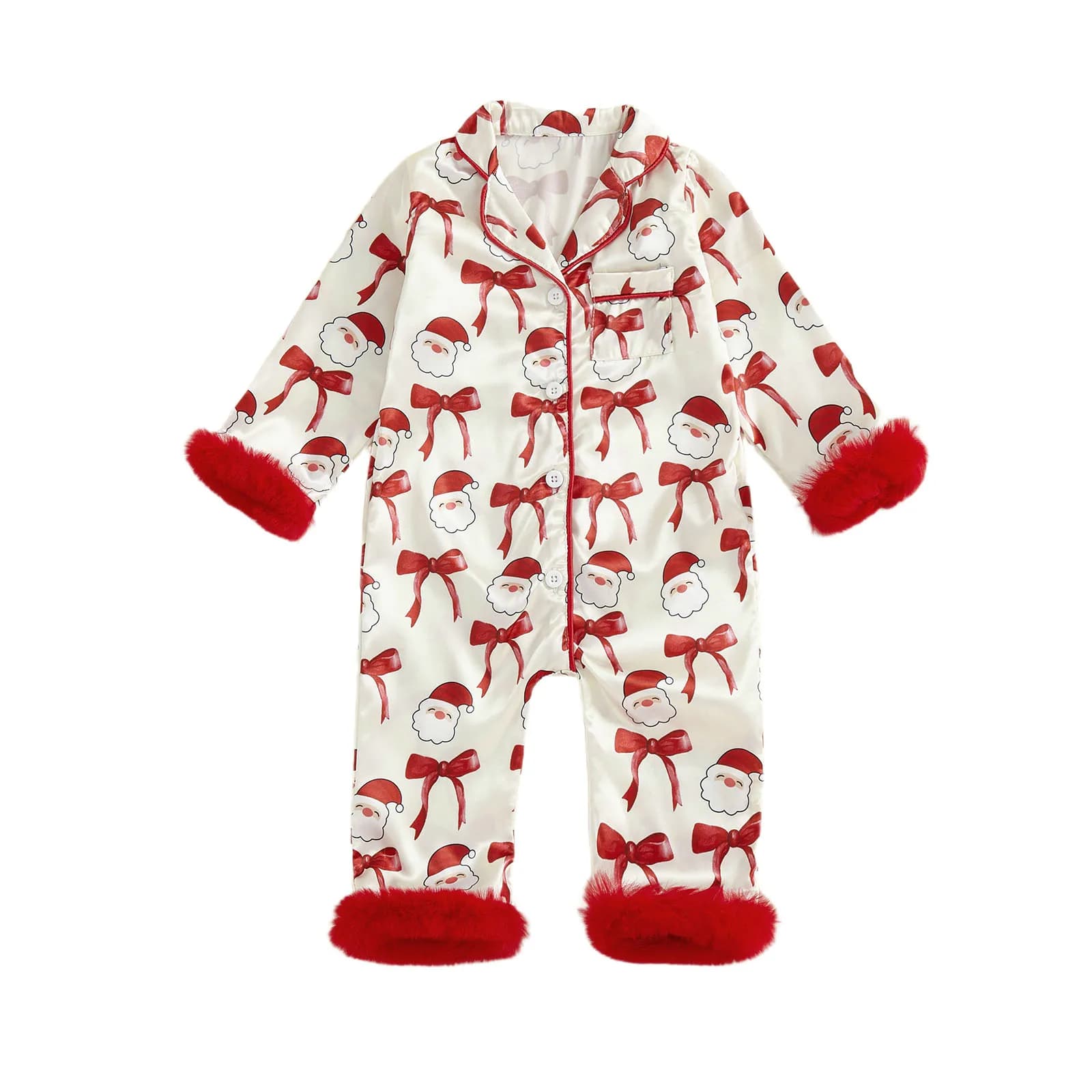 Pyjama de noël en Satin pour bébés filles, manches longues, col rabattu, imprimé nœud du père noël, 