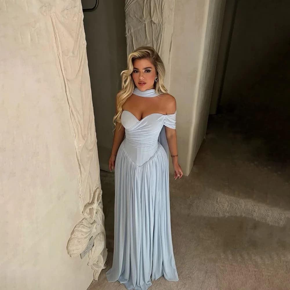 Robe de soirée bleu clair avec écharpe col en cœur une ligne en mousseline de soie robes de soirée s