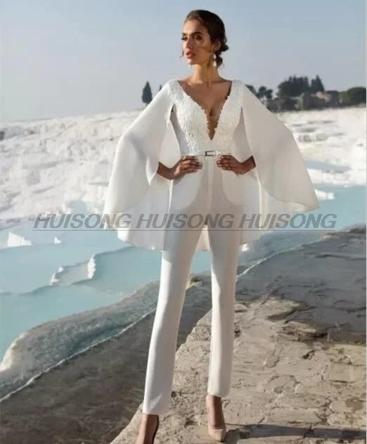 Combinaison robes De mariée cape en mousseline De soie Appliques Boho dos nu robe De mariée robe De 