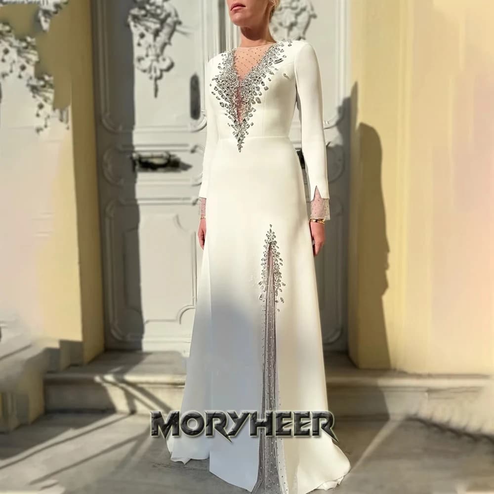 MORYHEER – robe De soirée en Satin, strass scintillants, col rond, fente, manches longues, pour occa