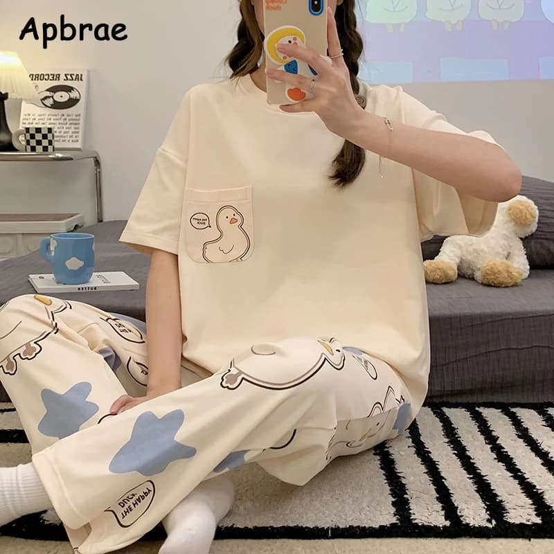 Ensemble de pyjama en coton imprimé canard pour femme, manches courtes, pantalon long, dessin animé,