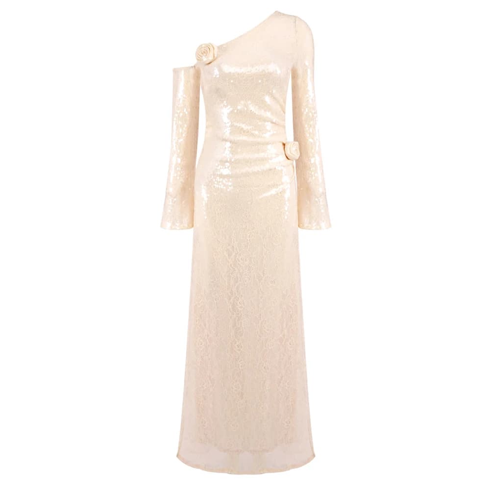 PB 2025 Sexy femmes une épaule paillettes Maxi robe avec embellissements de Rose à manches longues d