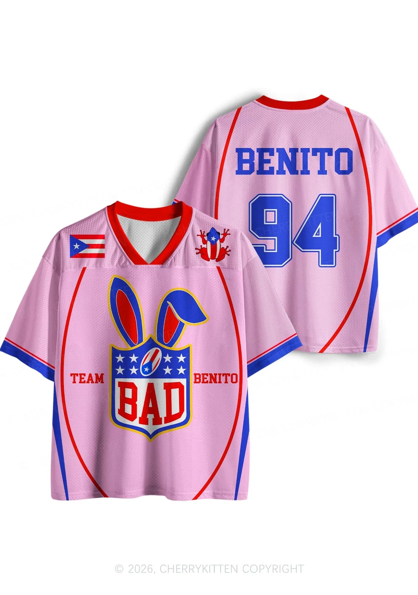 Maillot Y2K assorti pour la famille 2026, style Bad Bunny, rose, en maille 94, imprimé drapeau Porto