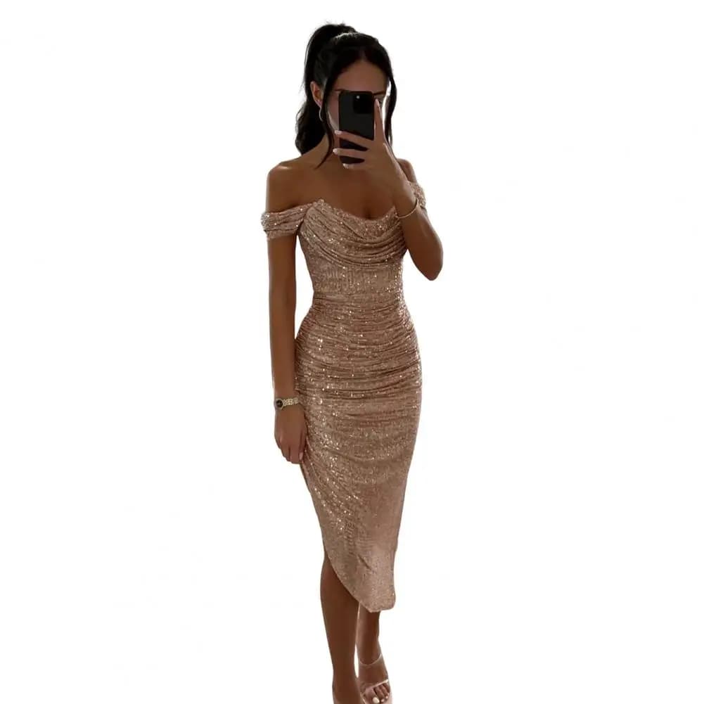 Robe de soirée à paillettes, Sexy, coupe basse, épaules dénudées, coupe cintrée, moulante, paillette