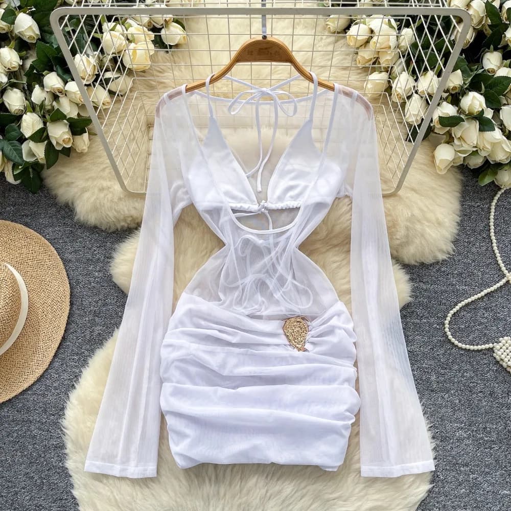 Foamlina plage vacances fille chaude maille à manches longues robe femmes été nouveau licou Bandeau 