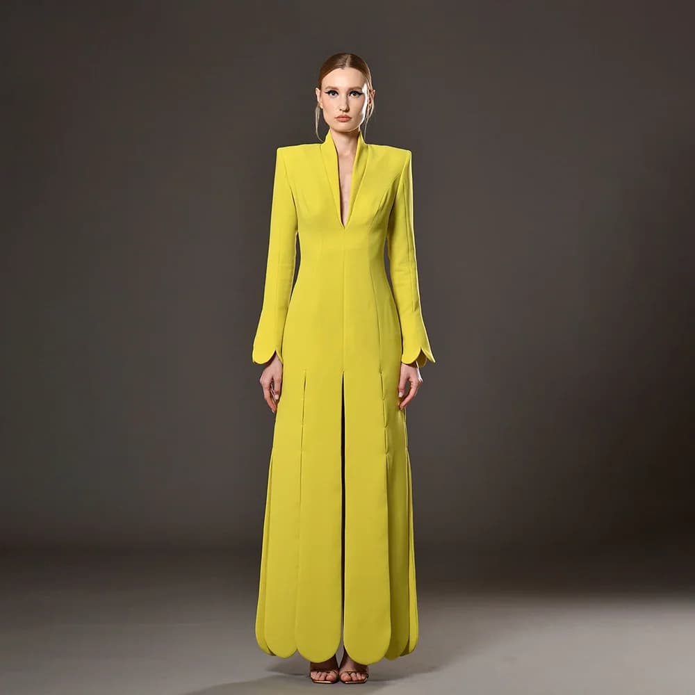 Robe de soirée jaune élégante pour femmes, col en V, manches longues, ligne A, robe de bal, Jersey, 