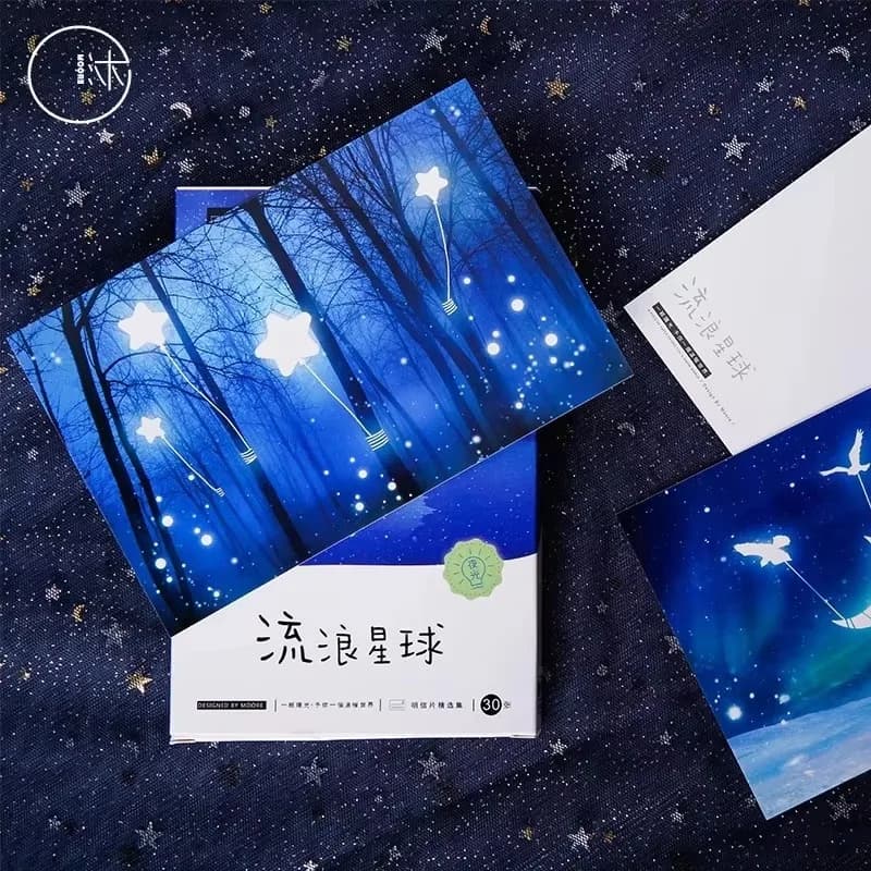 Ensemble de 30 cartes postales de la série Wandering Planet - Cartes de vœux lumineuses Nuit étoilée