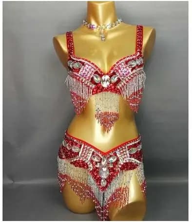 Vêtements de danse du ventre pour femmes, costume de danse du ventre perlé, Bar + ceinture, ensemble
