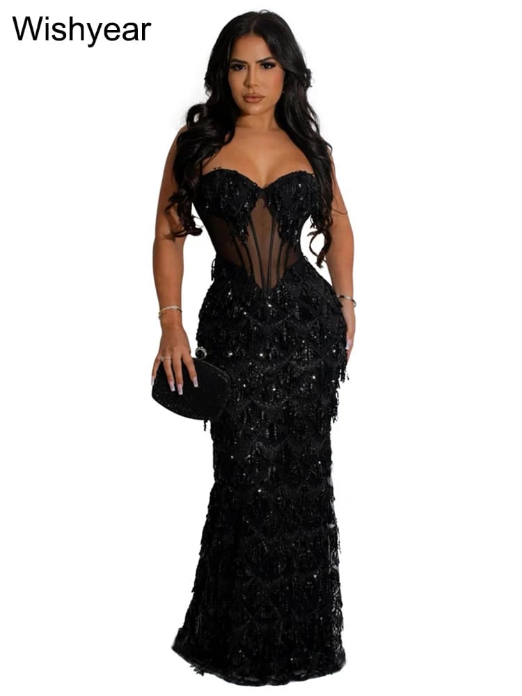 Wishyear-Robe de soirée à paillettes pour femmes, tunique en patchwork de maille spaghetti, tunique 