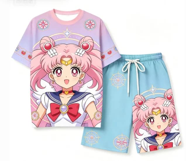 Pyjama unisexe Sailor Moon Crystal Anime, chemise à manches courtes, ensemble de pyjama d'été pour e