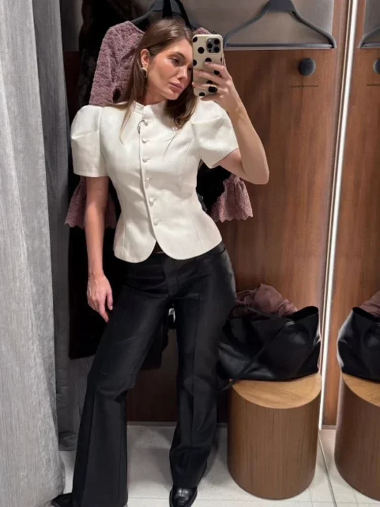 Chemise élégante à manches lanternes pour femme, col montant, coupe ajustée, nouvelle collection, dé