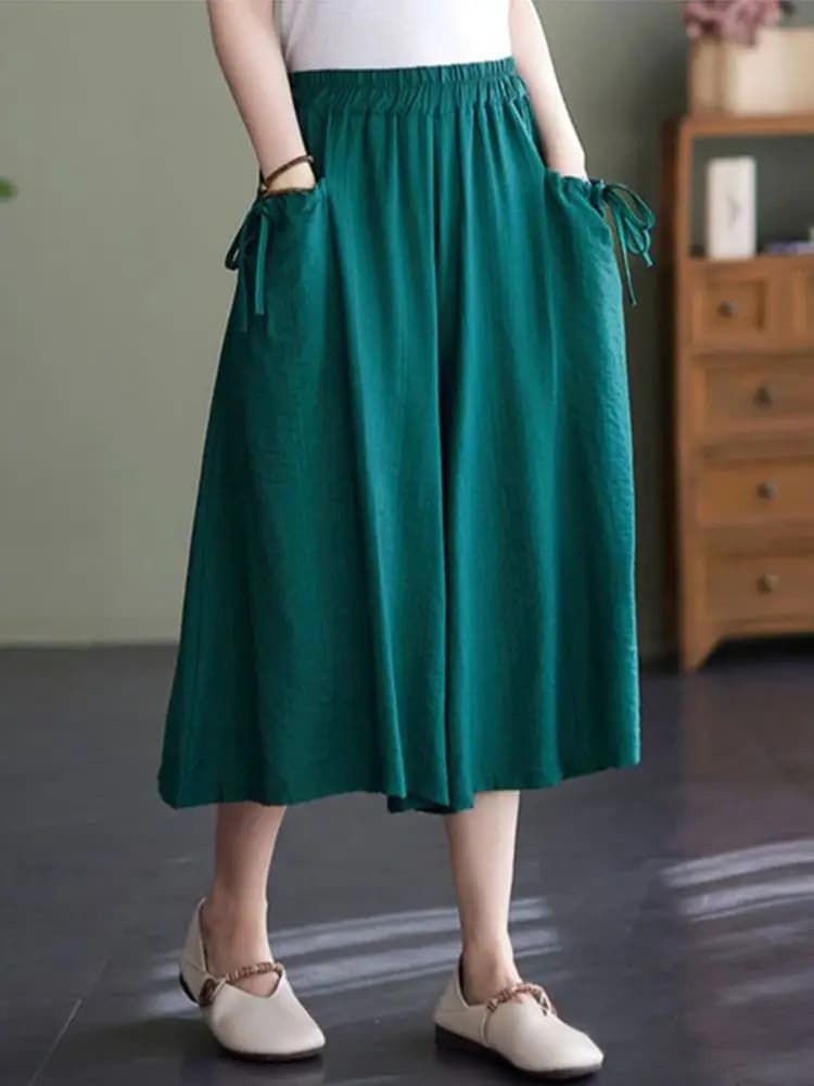Culotte d'été en coton et lin pour femme, pantalon décontracté, baggy, taille haute, jambe large, su