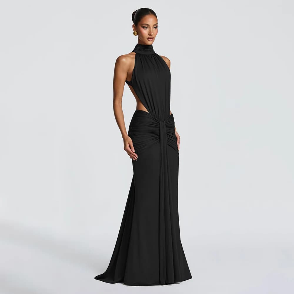 Robe longue élégante marron moulante et sexy pour femme, col roulé de luxe, dos nu, noire, pour soir