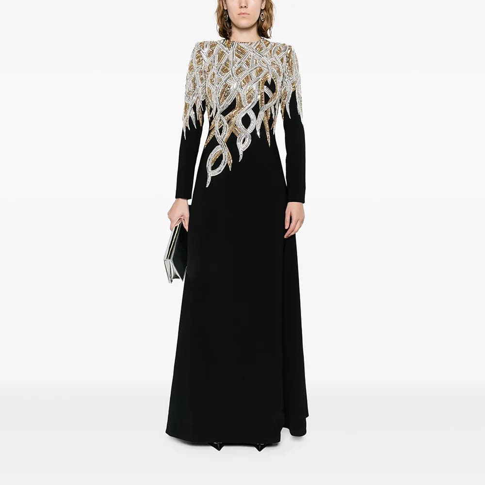 Robes de soirée luxueuses col rond élégantes manches longues perles cristal robes de soirée longueur