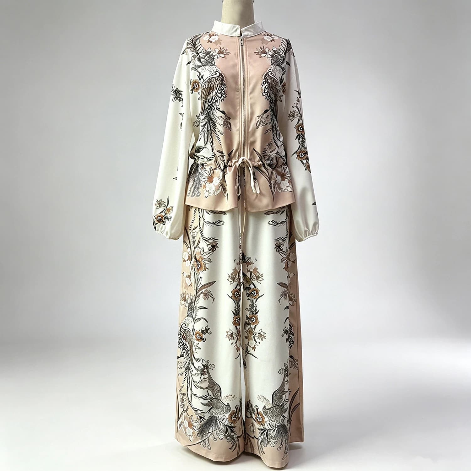 Ensemble pyjama 2 pièces élégant à imprimé floral Phénix, haut zippé et pantalon large à cordon de s