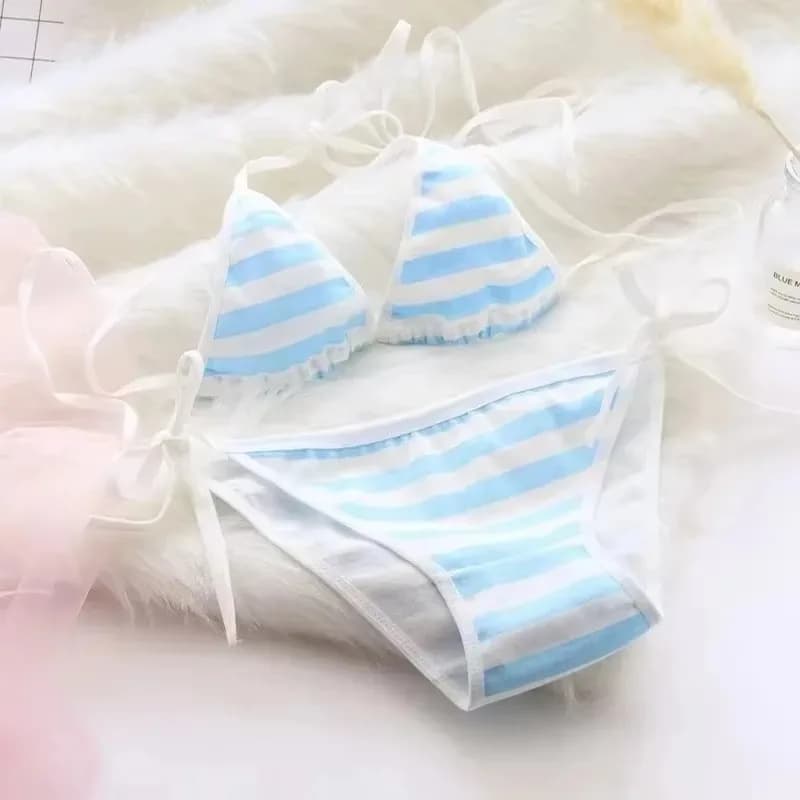 Lingerie sexy japonaise Lolita Kawaii, mini bikini rayé bleu, rose et blanc, cosplay pour adultes, s