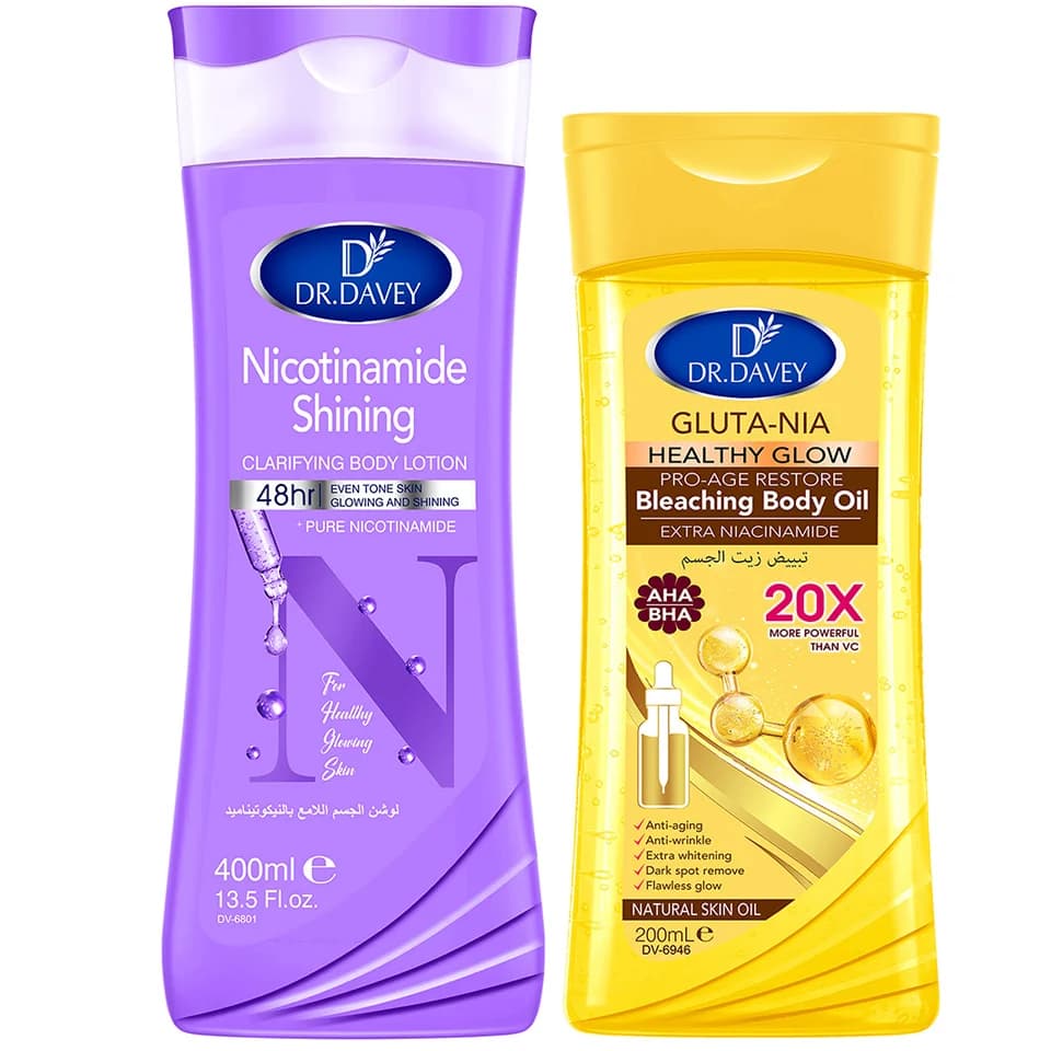 Ensemble de soin pour la peau comprenant 2 huiles corporelles GLUTA NIA et une lotion corporelle à l