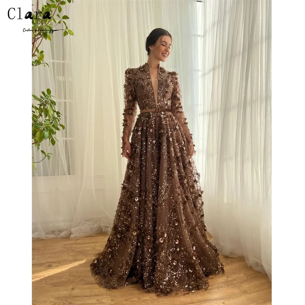 Clara personnalisé fleur a-ligne dentelle manches longues robes élégantes pour les femmes longues ro
