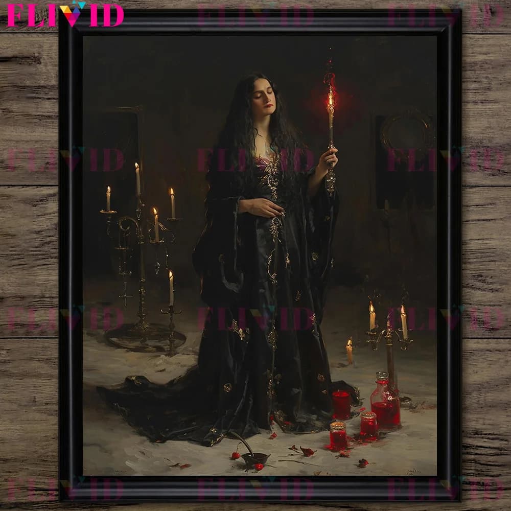 Affiche et impression d'art vintage de la sorcière solitaire et de la nuit calme, portrait de sorciè