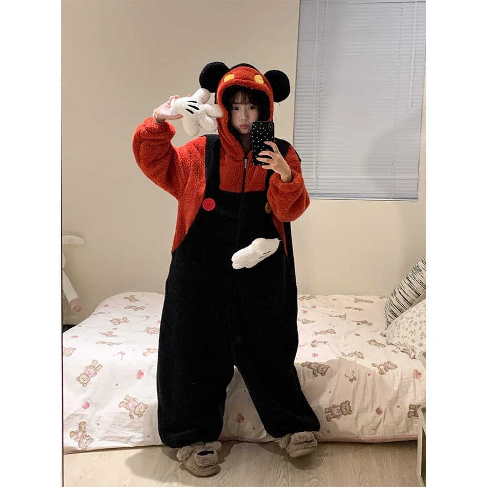 Robe Mickey de dessin animé, pyjama à capuche doublé polaire pour femmes, automne hiver, mignon, épa
