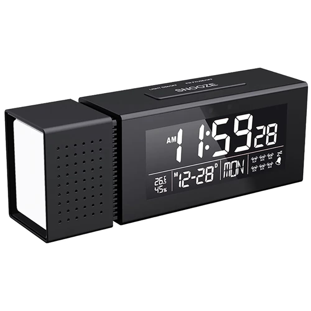 Réveil avec veilleuse, capteur IR, radio FM, 6 alarmes, fonction snooze, température, humidité, RGB,