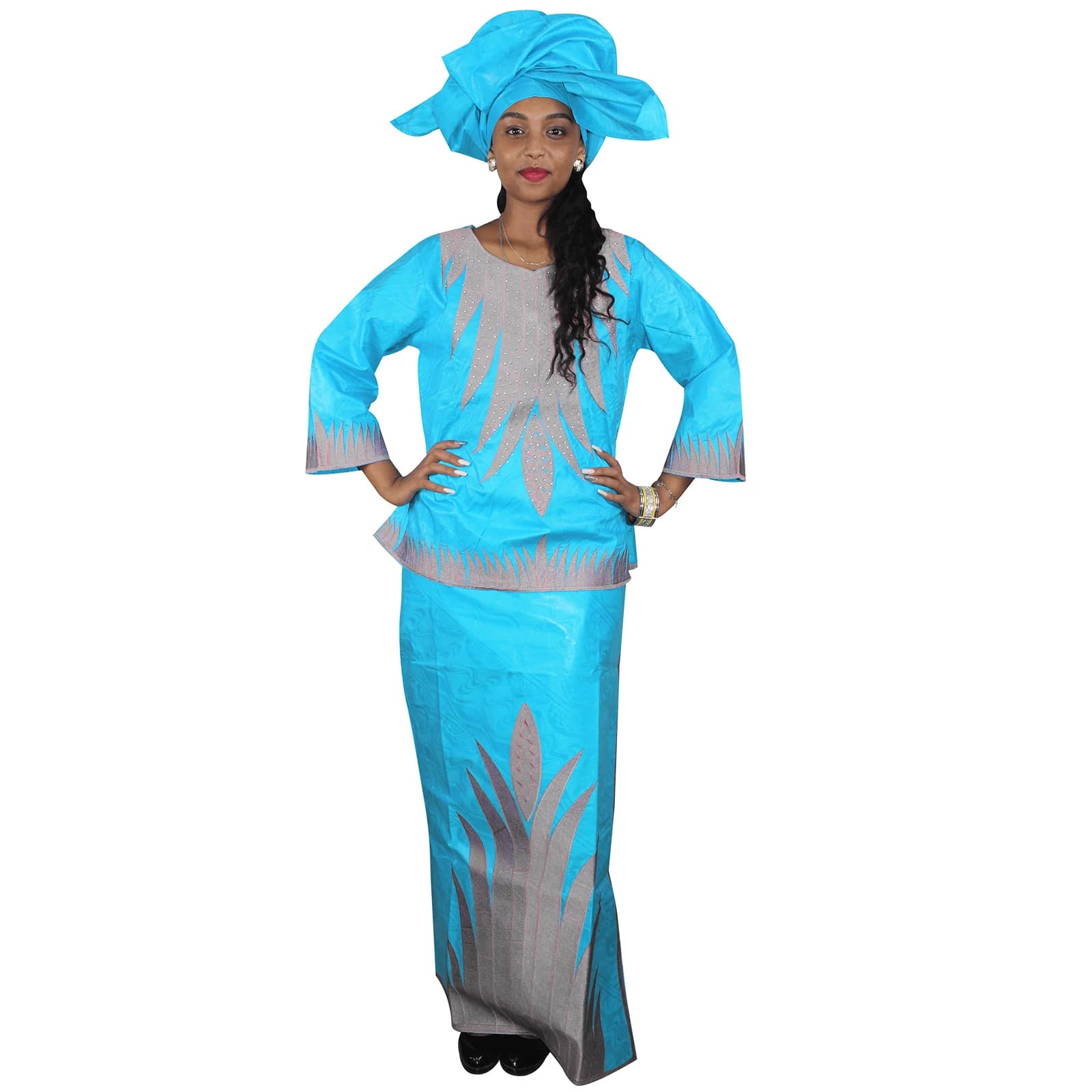 Robes africaines pour femmes, haut à manches 3/4 avec foulard enveloppé, 3 pièces, un ensemble, 2 ta