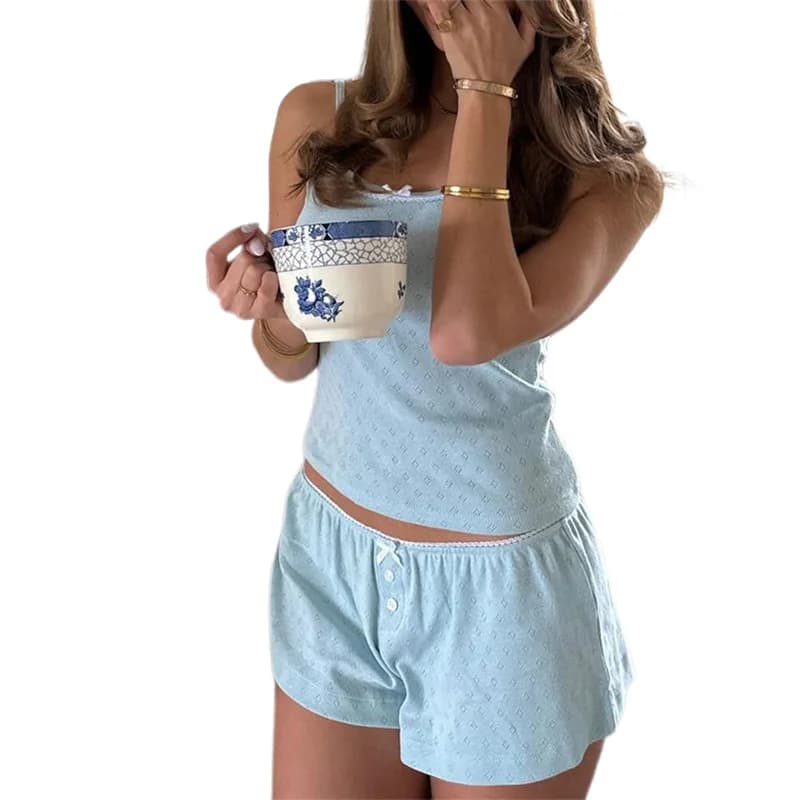 Lamuusaa-Ensembles de pyjama CoAdvantages pour femmes, haut caraco avec nœud et short, vêtements de 