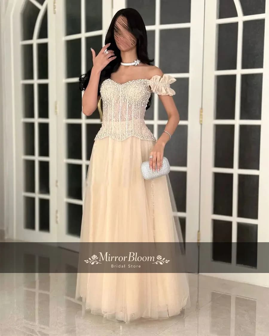Robe de soirée personnalisée champagne à épaules dénudées pour femme, avec manches à volants perlées