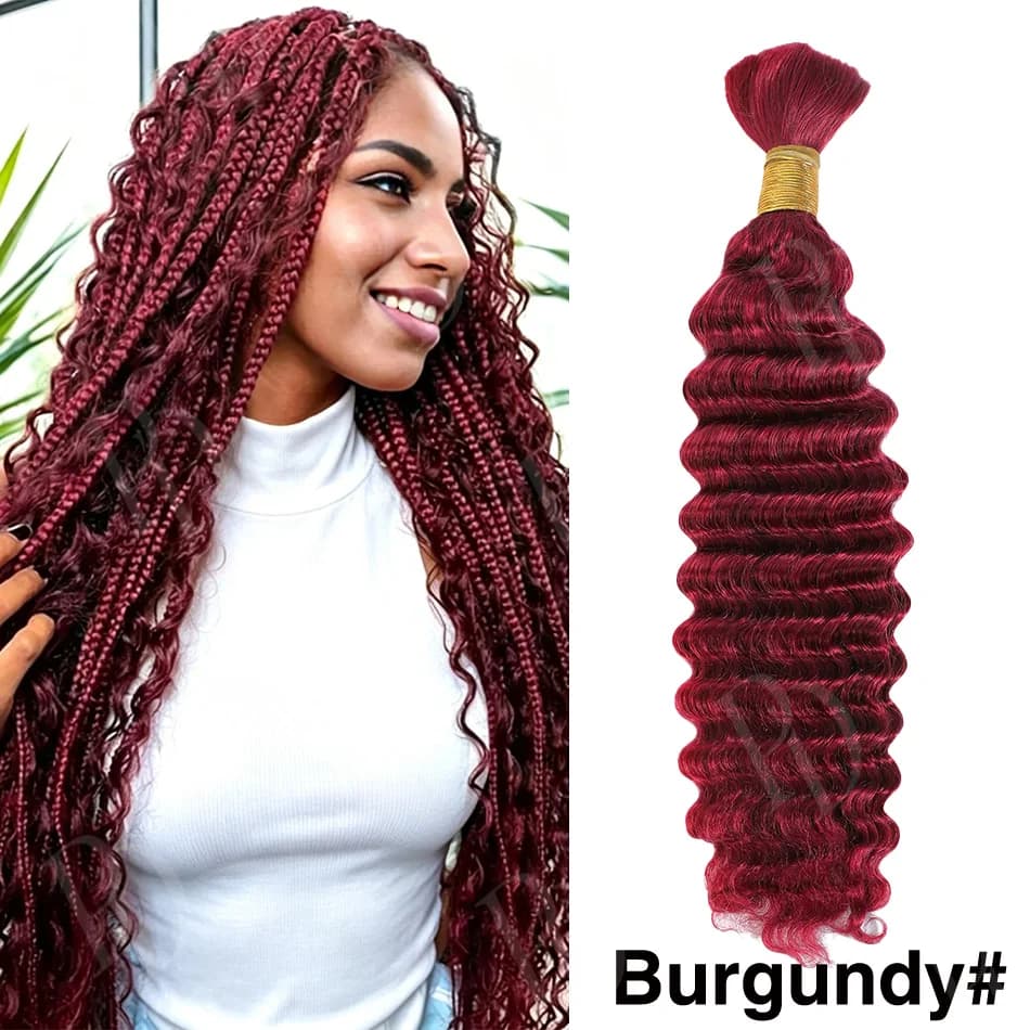 Cheveux bouclés bohèmes bordeaux pour tresses, cheveux humains ondulés profonds sans trame pour tres